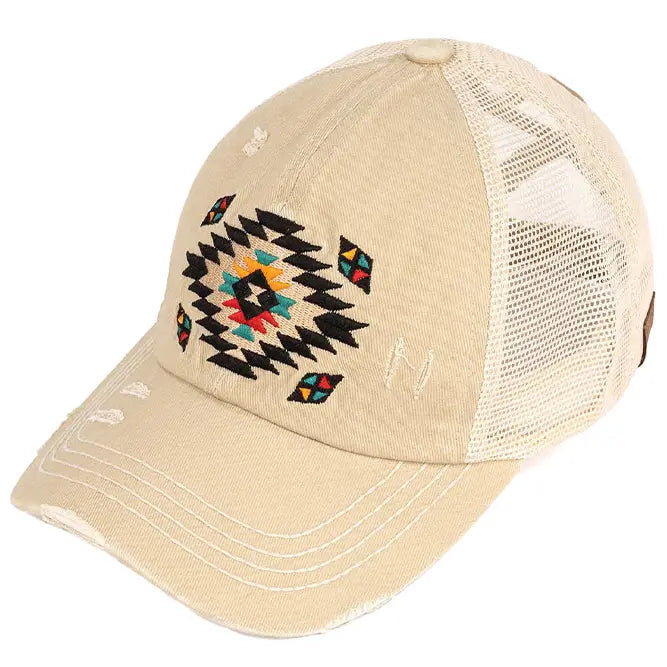 C.C Aztec Patch Distressed Criss-Cross Pony Cap