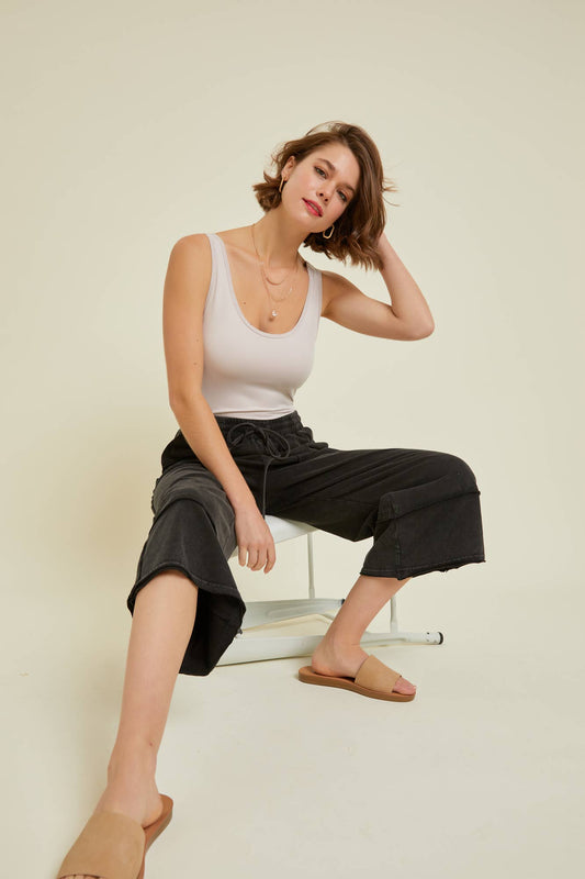 Washed wide leg capri pants